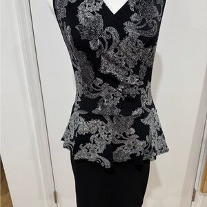 Black Peplum Dress with Silver Lace Overlay